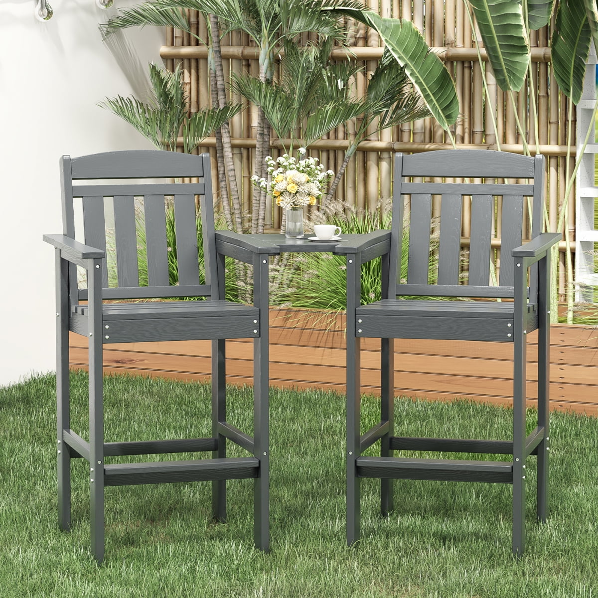 2-Pack Bar Height Adirondack Chairs - HDPE All Weather Patio Bar Stools with Connecting Tray, Ideal for Balcony, Poolside & Backyard