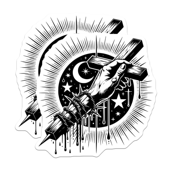 (2 Pack) Barbed Wire Cross Stickers - Gothic Hand Design - Alt Aesthetic Decal - Edgy Celestial Symbolism - 5" On Longest Side - Sticks to Smooth Flat Surfaces - Made in USA - BMCS30398