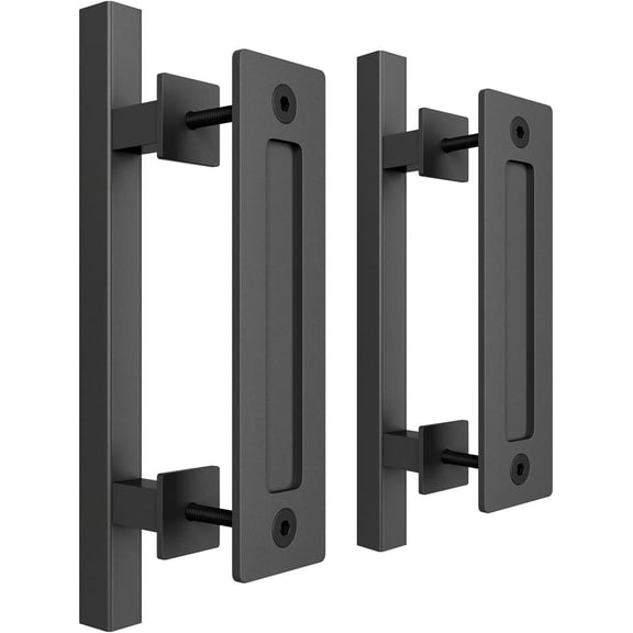 2 Pack Barn Door Handles Set, 12" Large Rustic Two-Side Design, Pull and Flush Sliding Door Handle for Gates Garages Sheds Furniture, Black, Square