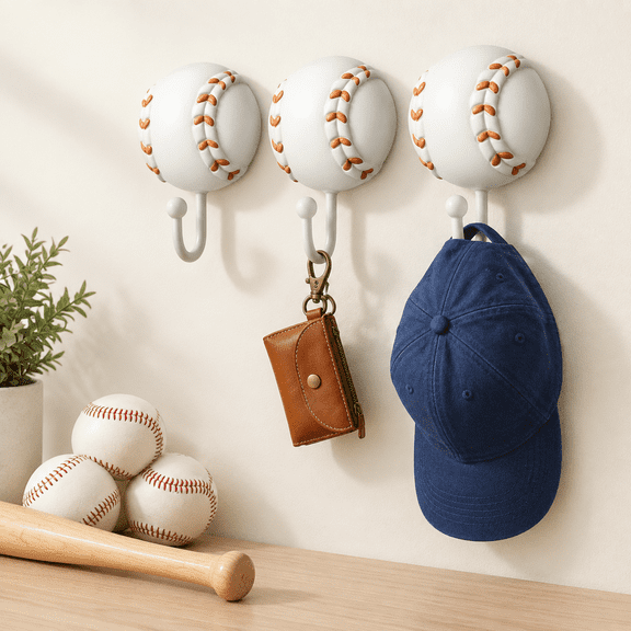 2-Pack Baseball 3D & Iron Wall Coat Hooks, Sports Themed Decorative Hangers