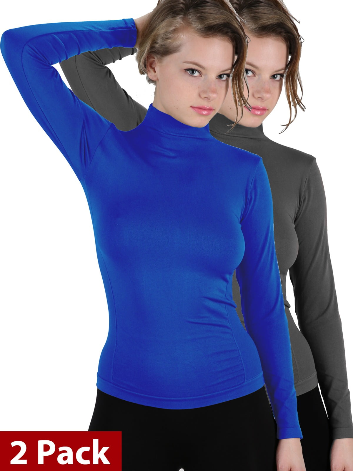 2 Pack Basic Seamless Mock Neck Turtleneck Long Sleeve Shirts