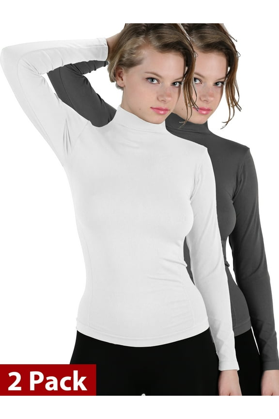 Women's Basic Seamless Turtle Neck Long Sleeve T-Shirts, 2 Pack