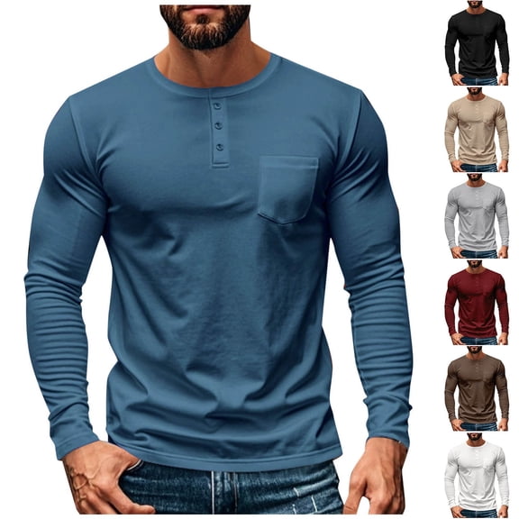 2 Pack Basic Tees Shirts for Men with Pocket Long Sleeve Button Crewneck T-Shirts Mens Casual Solid Color Pullover Slim-Fit Loungewear Workout Tops
