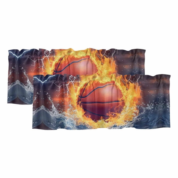 2 Pack Basketball Valance for Window Sport Water And Fire Kitchen Valance Rod Pocket Short Curtain Topper Decorative Window Treatment for Living Room Bedroom 42"x18"