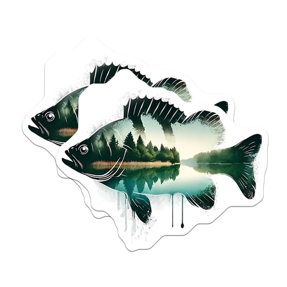 (2 Pack) Bass Fish Stickers - Lake Scene - Fishing Decals - 5" On Longest Side - Sticks to Smooth Flat Surfaces - Made in USA - BMCS15332