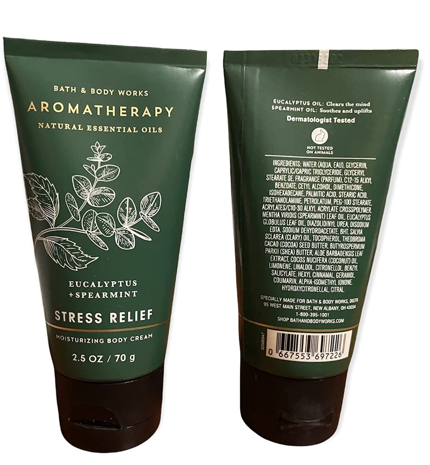 2 Pack Bath and Body Works Travel Size Body Care - 2.5 Oz 24 Hour Moisture Body Cream - Stress Relief - Eucalyptus + Spearmint