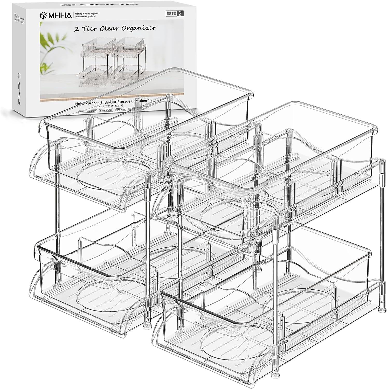 2 Pack Bathroom Organizer, 2 Tier ClearUnder Sink Organizers