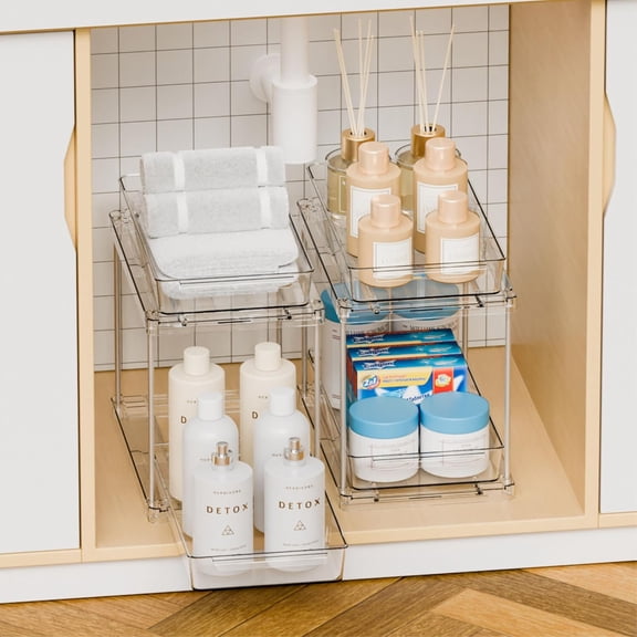 2 Pack Bathroom Cabinet Organizers and Storage with Track,Clear Acrylic Under the Sink Organizer for Cupboard,Vanity Countertop Storage Bins,Plastic 2 Tier Pull Out Drawer for Makeup,Medicine