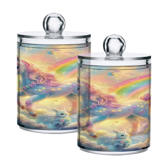 2 Pack Bathroom Canisters Transparent Storage Jar for Cotton Ball, Swab, Floss Beautiful Unicorn
