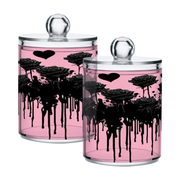 2 Pack Bathroom Canisters Transparent Storage Jar for Cotton Ball, Swab, Floss Black Roses