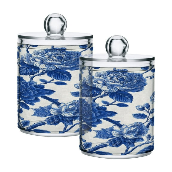 2 Pack Bathroom Canisters Transparent Storage Jar for Cotton Ball, Swab, Floss Blue Floral