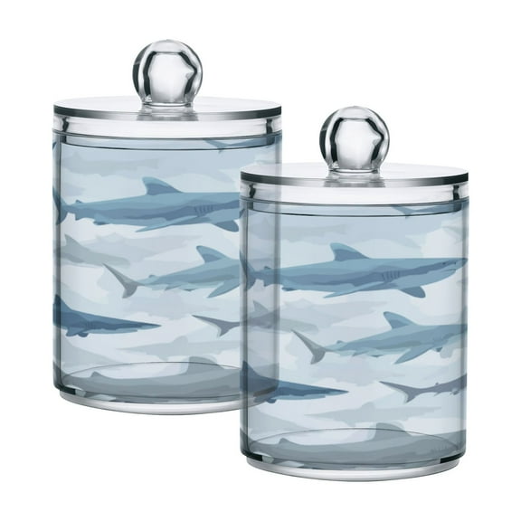 2 Pack Bathroom Canisters Transparent Storage Jar for Cotton Ball, Swab, Floss Blue and Gray Sharks Pattern