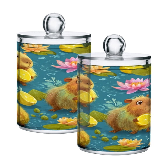 2 Pack Bathroom Canisters Transparent Storage Jar for Cotton Ball, Swab, Floss Capybaras Holding Lemons