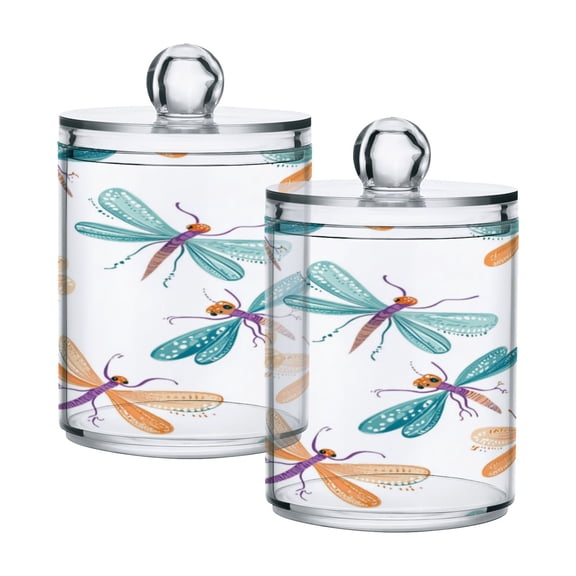 2 Pack Bathroom Canisters Transparent Storage Jar for Cotton Ball, Swab, Floss Cartoon Dragonflies Pattern