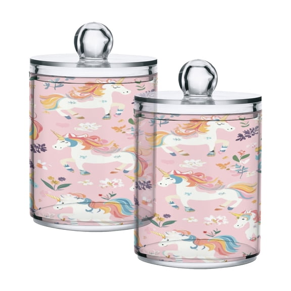 2 Pack Bathroom Canisters Transparent Storage Jar for Cotton Ball, Swab, Floss Cartoon Unicorns Pattern
