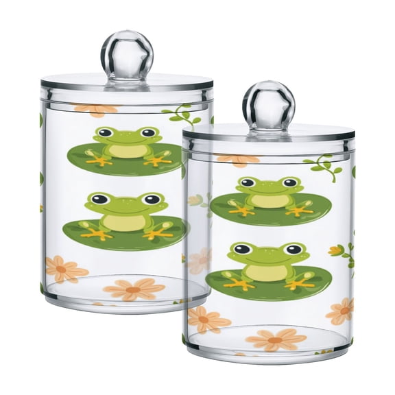 2 Pack Bathroom Canisters Transparent Storage Jar for Cotton Ball, Swab, Floss Cute Frog Pattern