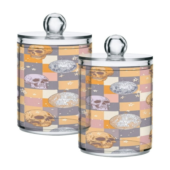 2 Pack Bathroom Canisters Transparent Storage Jar for Cotton Ball, Swab, Floss Cute Skull and Stars Pattern