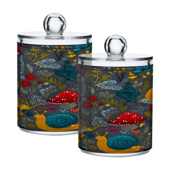 2 Pack Bathroom Canisters Transparent Storage Jar for Cotton Ball, Swab, Floss Cute Snails and Mushrooms