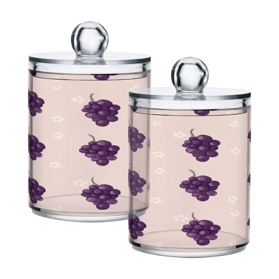 2 Pack Bathroom Canisters Transparent Storage Jar for Cotton Ball, Swab, Floss Grapes and Flowers Pattern