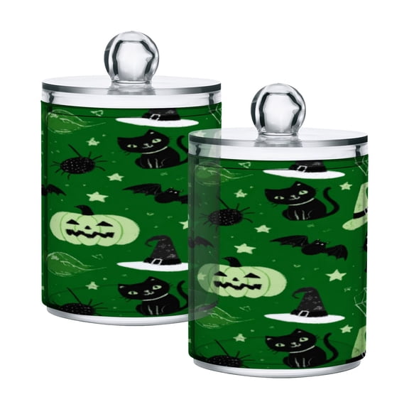 2 Pack Bathroom Canisters Transparent Storage Jar for Cotton Ball, Swab, Floss Green Halloween-themed Pattern