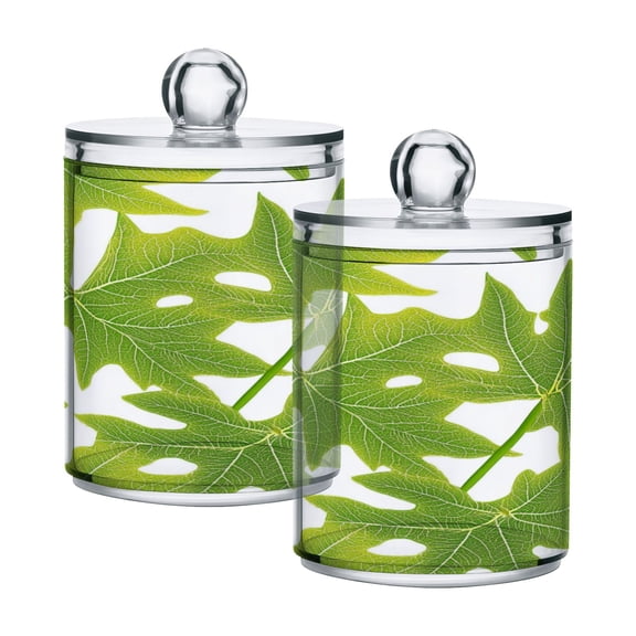 2 Pack Bathroom Canisters Transparent Storage Jar for Cotton Ball, Swab, Floss Green Leaves Pattern