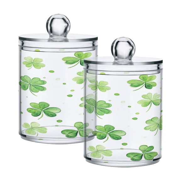 2 Pack Bathroom Canisters Transparent Storage Jar for Cotton Ball, Swab, Floss Green Shamrock Leaves