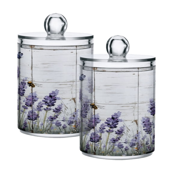 2 Pack Bathroom Canisters Transparent Storage Jar for Cotton Ball, Swab, Floss Lavender and Bees
