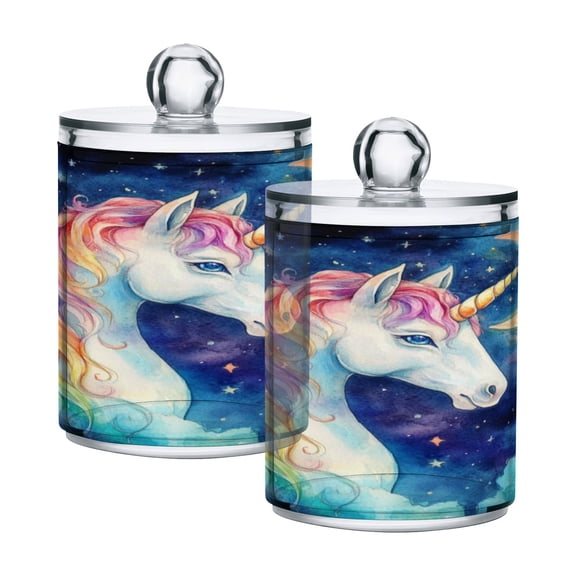 2 Pack Bathroom Canisters Transparent Storage Jar for Cotton Ball, Swab, Floss Majestic Unicorn
