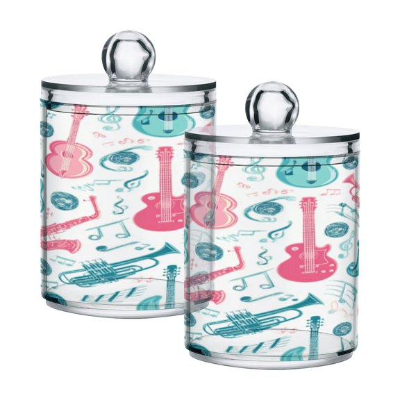 2 Pack Bathroom Canisters Transparent Storage Jar for Cotton Ball, Swab, Floss Musical Notes and Instruments
