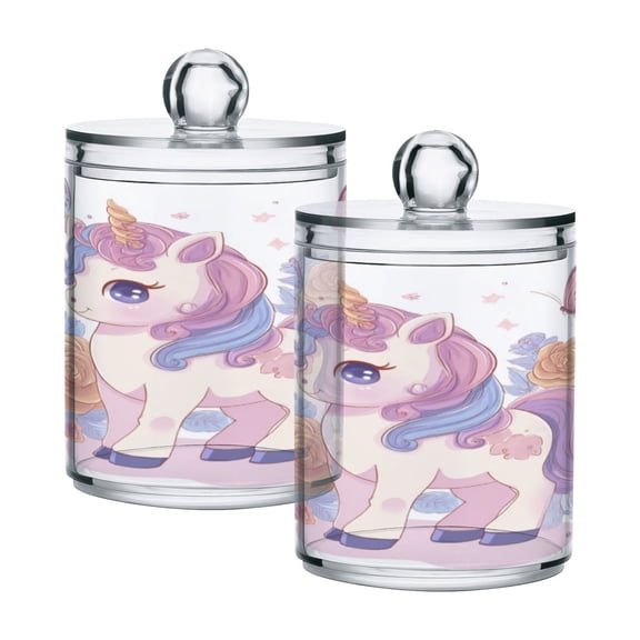 2 Pack Bathroom Canisters Transparent Storage Jar for Cotton Ball, Swab, Floss Pastel Colors Unicorn