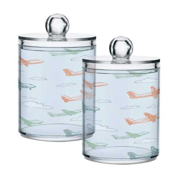 2 Pack Bathroom Canisters Transparent Storage Jar for Cotton Ball, Swab, Floss Pastel Doodle Airplanes
