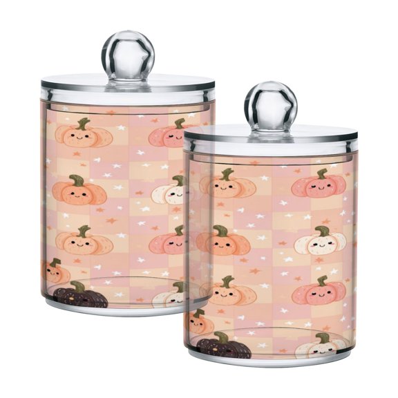 2 Pack Bathroom Canisters Transparent Storage Jar for Cotton Ball, Swab, Floss Pink and Peach Halloween Pattern