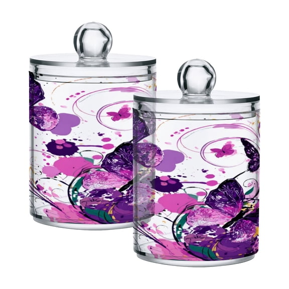 2 Pack Bathroom Canisters Transparent Storage Jar for Cotton Ball, Swab, Floss Purple Butterfly