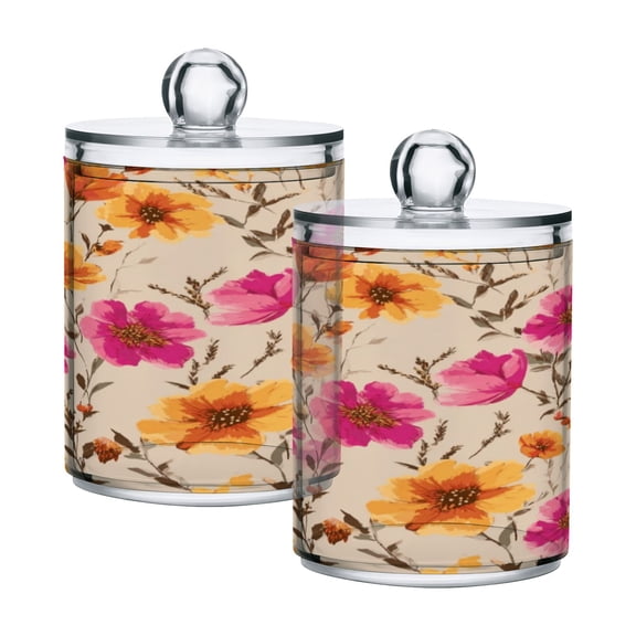 2 Pack Bathroom Canisters Transparent Storage Jar for Cotton Ball, Swab, Floss Rustic and Romantic Wildflowers