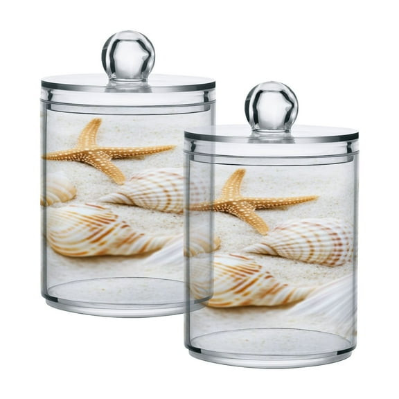 2 Pack Bathroom Canisters Transparent Storage Jar for Cotton Ball, Swab, Floss Seashells and Starfish