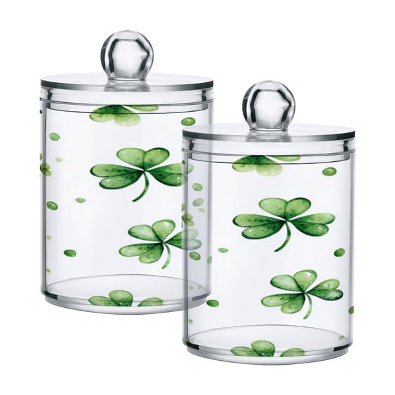 2 Pack Bathroom Canisters Transparent Storage Jar for Cotton Ball, Swab, Floss Shamrock Leaves