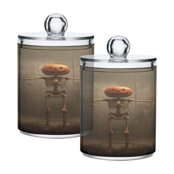 2 Pack Bathroom Canisters Transparent Storage Jar for Cotton Ball, Swab, Floss Skull with A Pumpkin Head