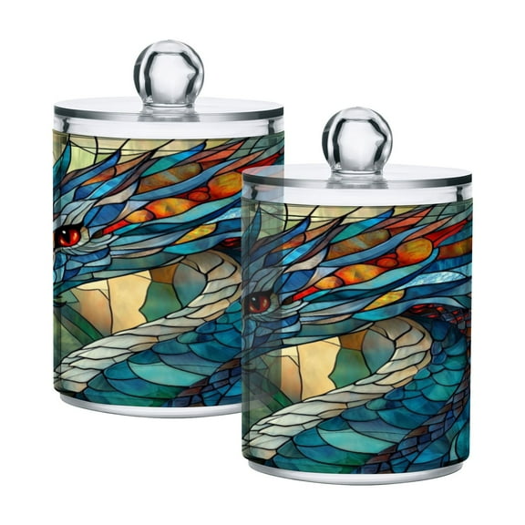 2 Pack Bathroom Canisters Transparent Storage Jar for Cotton Ball, Swab, Floss Stained Glass Dragon