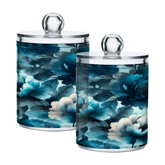 2 Pack Bathroom Canisters Transparent Storage Jar for Cotton Ball, Swab, Floss Teal Elegant Floral Pattern
