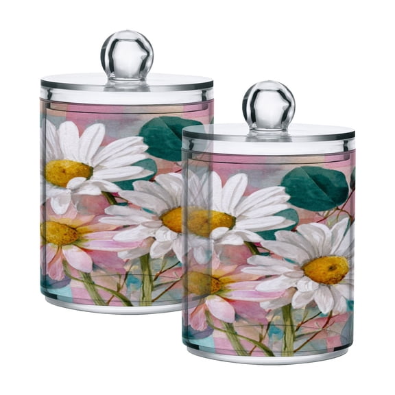 2 Pack Bathroom Canisters Transparent Storage Jar for Cotton Ball, Swab, Floss Three Large White Daisies