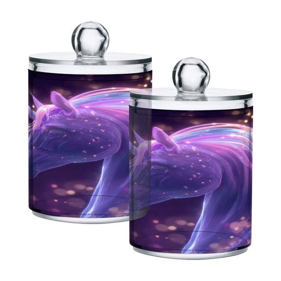 2 Pack Bathroom Canisters Transparent Storage Jar for Cotton Ball, Swab, Floss Unicorn with Rainbow Mane