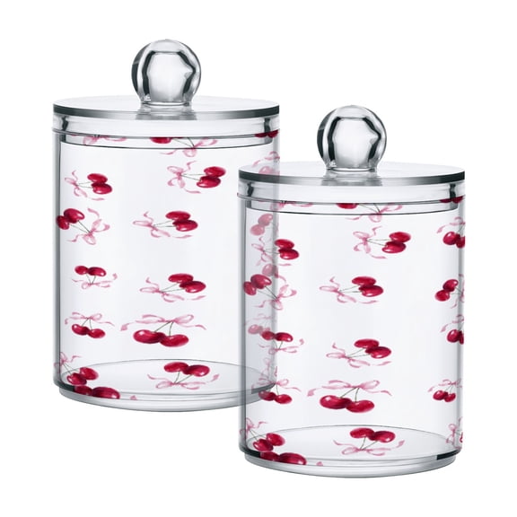 2 Pack Bathroom Canisters Transparent Storage Jar for Cotton Ball, Swab, Floss Watercolor Cherries Pattern