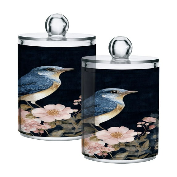 2 Pack Bathroom Canisters Transparent Storage Jar for Cotton Ball, Swab, Floss Watercolor Vintage Blue Bird