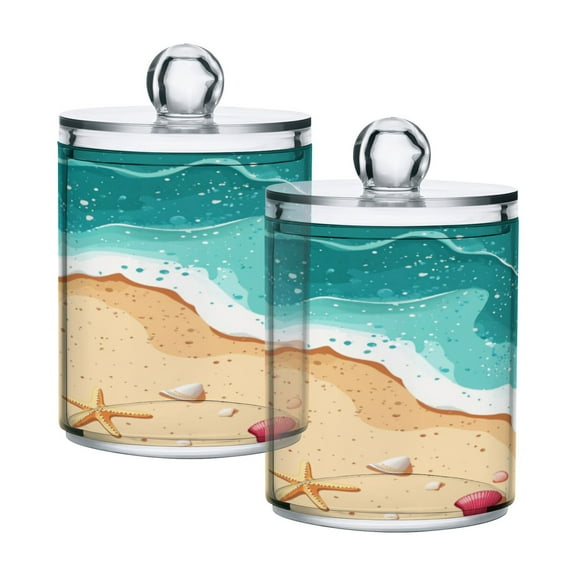 2 Pack Bathroom Canisters Transparent Storage Jar for Cotton Ball, Swab, Floss Waves and Seashells