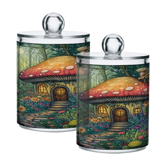 2 Pack Bathroom Canisters Transparent Storage Jar for Cotton Ball, Swab, Floss Whimsical Mushroom House