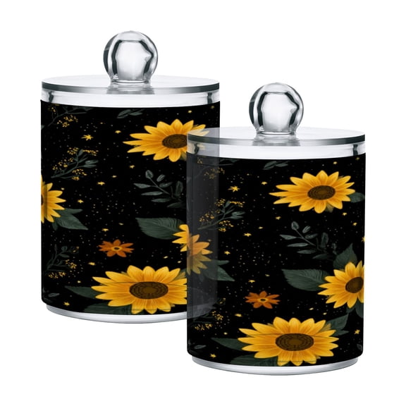 2 Pack Bathroom Canisters Transparent Storage Jar for Cotton Ball, Swab, Floss Yellow Sunflower Pattern