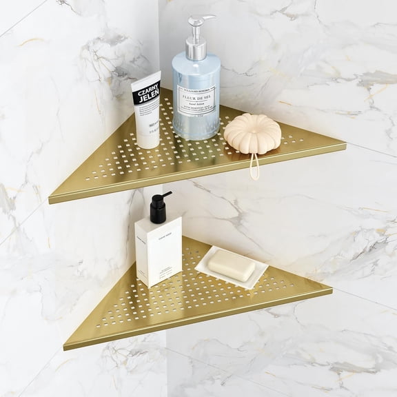 2 Pack Bathroom Corner Shelf, Recessed 12" Corner Shower Shelf, SUS304 Stainless Steel Triangular Wall Mount, No Drilling, Brushed Golden