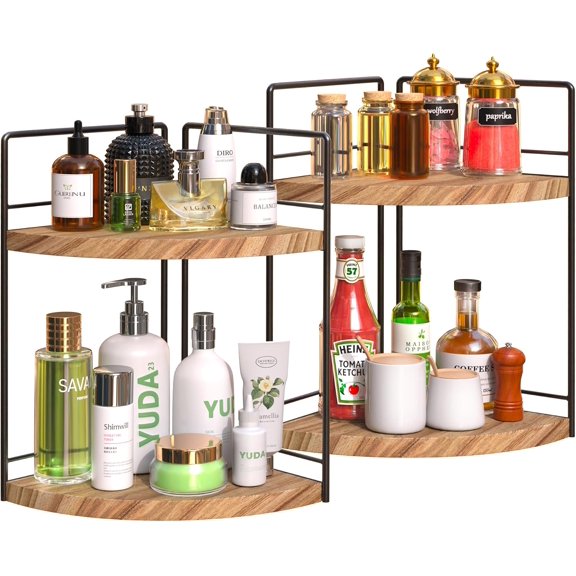 2 Pack Bathroom Counter Organizer, 2 Tier Corner Bathroom Counter Organizer Wooden Double Vanity Organizers for for Double Bathroom Organizers and Kitchen Storage Dresser Decoration