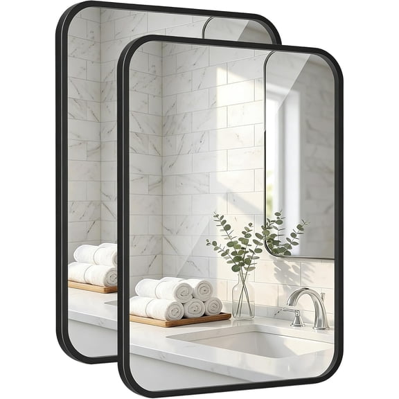 2 Pack Bathroom Mirrors for Over Sink, 24"x30" Matte Black Framed Vanity Mirror, Rounded Corner Rectangular Metal Mirror for Wall, Modern Farmhouse Industrial Decor