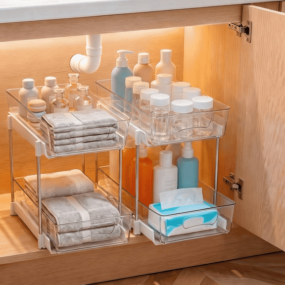 2 Pack Bathroom Organizer, 2 Tier Under Sink Organizers Vanity Countertop Storage Container, Kitchen Cabinet Drawers Bins, Pull-Out Organization for Pantry, Spice, White & Clear